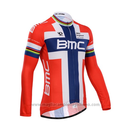 2014 Abbigliamento Ciclismo BMC Campione Norvegia Blu e Rosso Manica Lunga e Salopette